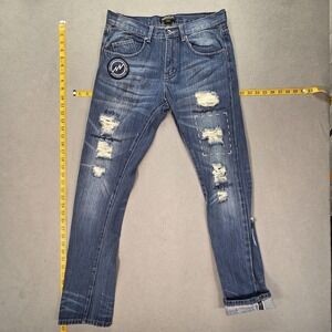 Mania Jeans Mens Selvedge Med Wash Blue Slim Skinny Patched Thrashed Fits 29x30